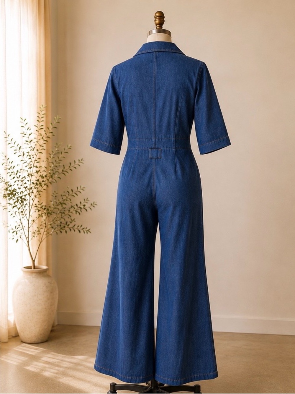 Vintage 70s Mary Muffet Denim Jumpsuit Wide Leg Belted Blue Boho Disco S M - Picture 3 of 10